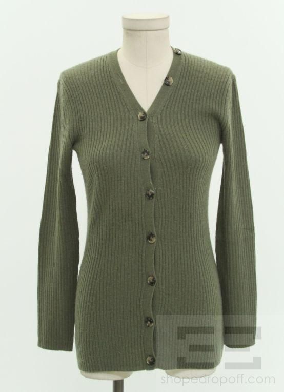 Theory Dark Green Cashmere Rib Knit Cardigan Size S/P  