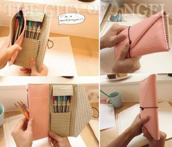 Envelope Style Leather Pencil Cosmetic Case Pouch ~ Cream Pink Green 