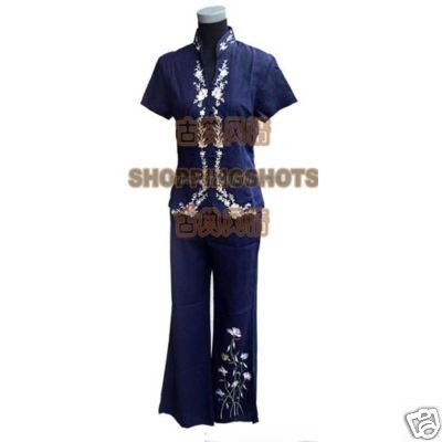 Chinese clothing outfit pants suit cheongsam 060812 blu  