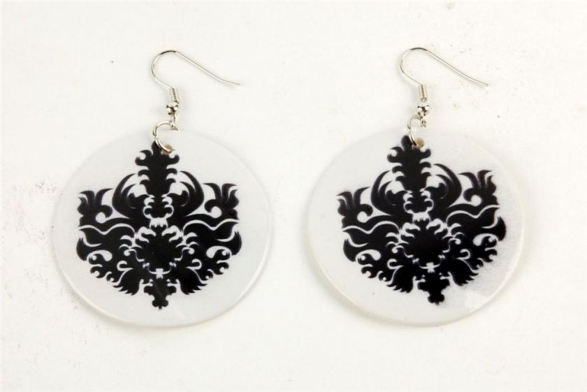 CAPIZ SHELL EARRINGS BLACK WHITE FILIGREE Print Jewelry  