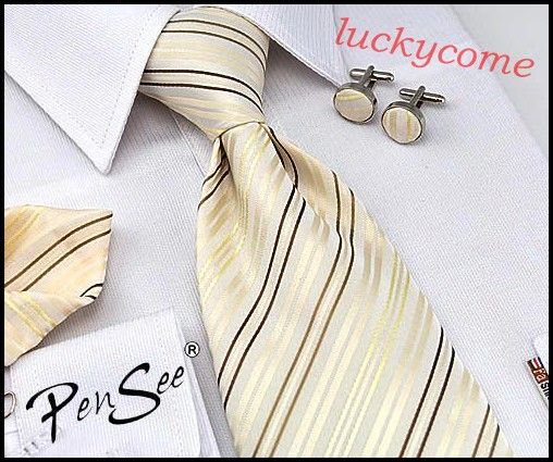   silk PenSee tie beige stripes mens necktie set cufflinks hanky  